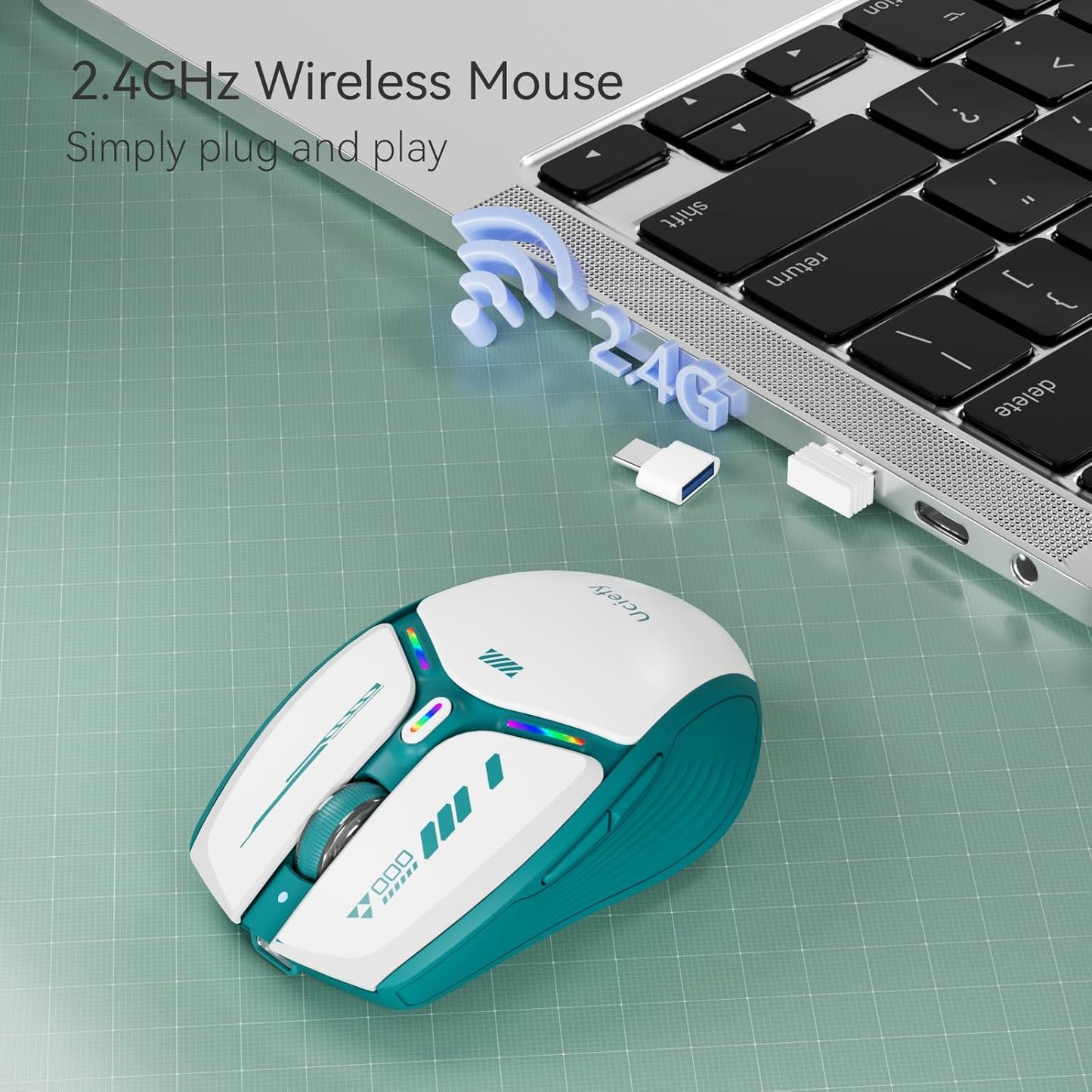 Uciefy V19 Wireless Mouse, 2.4GHz Rechargeable Mouse LED with Battery Indicator, Magnetic Computer Mice with USB Receiver & Type-C Adapter for Laptop/PC/Mac/Chromebook - Green