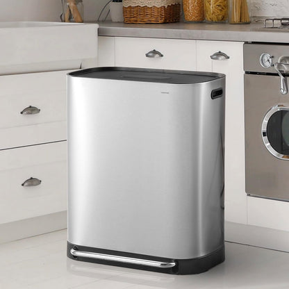 happimess HPM1014A Beni Kitchen 16-Gallon Double-Bucket Step-Open Trash Can with Soft-Close Lid, Modern, Minimalistic, Fingerprint Proof for Home, Kitchen, Laundry Room, Office, Bathroom, Chrome