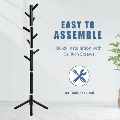 Haddockway Wooden Coat Rack Stand with 8 Hooks New Zealand Pine 3 Adjustable Coat Standing Tree Easy Assembly for Coats, Hats, Scarves and Handbags for Entryway, Hallway, Bedroom, Office