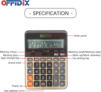 OFFIDIX Desktop Calculator with Large 12 Digit LCD Display, Solar Battery Dual Power, Perfect for Office, Home, School