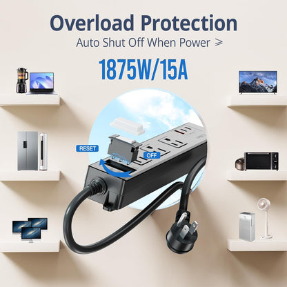 USB Outdoor Power Strip Weatherproof, Waterproof Surge Protector with 3 Wide Outlet with 3 USB Ports, Shockproof Overload Protection,15FT Extension Cord for Outside Decorations,Christmas Lights,Patio