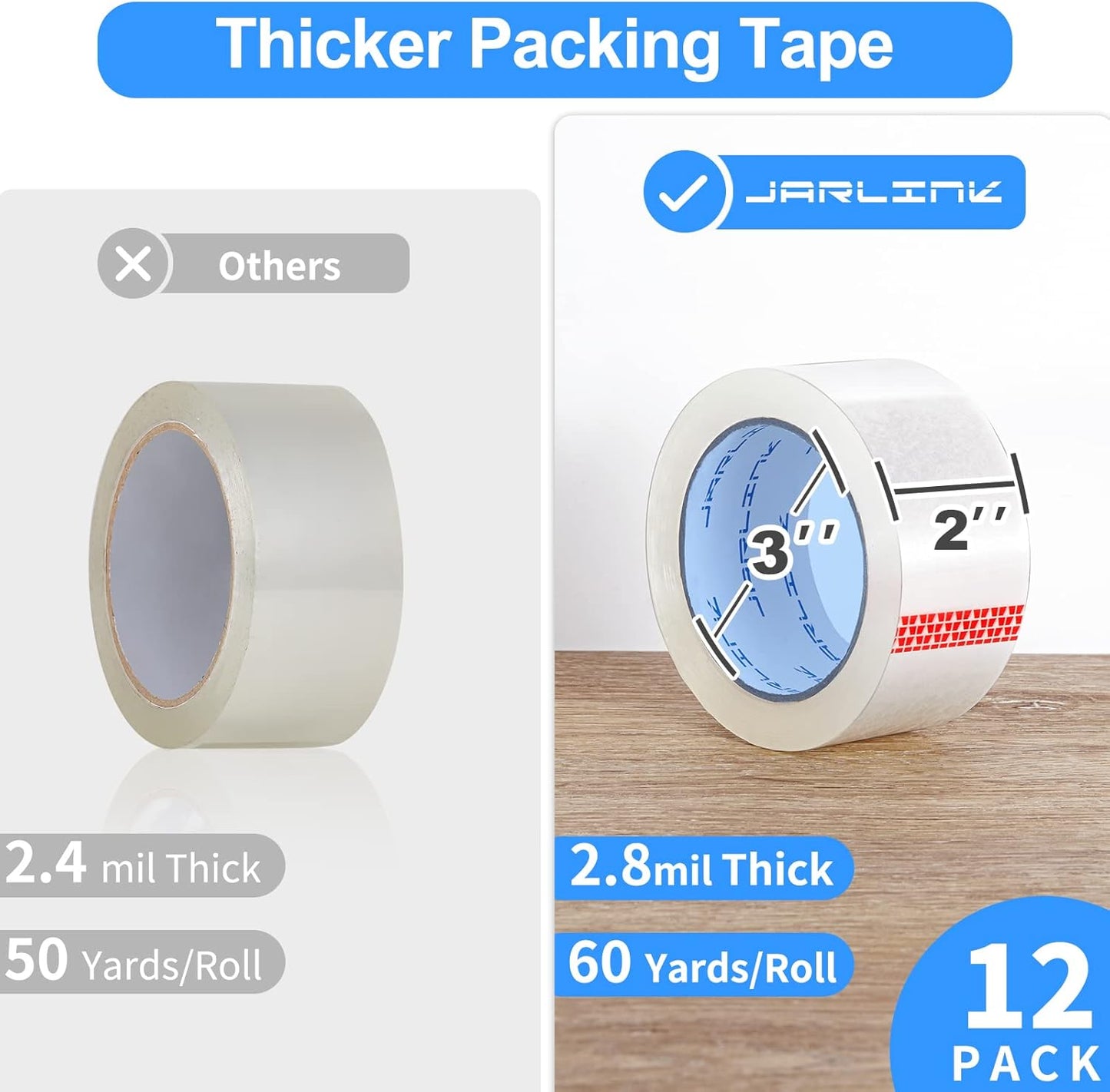 JARLINK Clear Packing Tape (18 Rolls), Heavy Duty Packaging Tape for Shipping Packaging Moving Sealing, Stronger & Thicker 2.8mil, 2 inches Wide, 60 Yards Per Roll, 1080 Total Yards