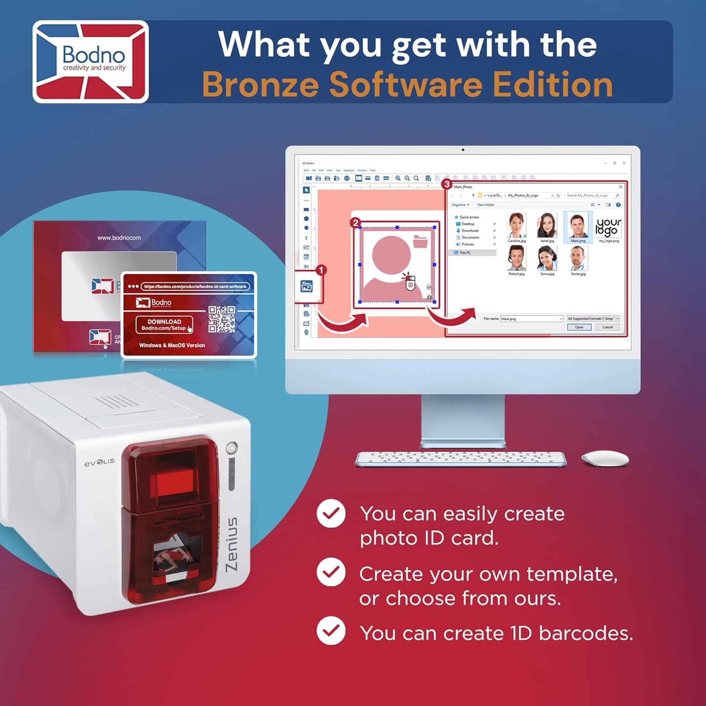 Evolis Zenius Single Sided ID Card Printer & Complete Supplies Package with Bodno Bronze Edition ID Software