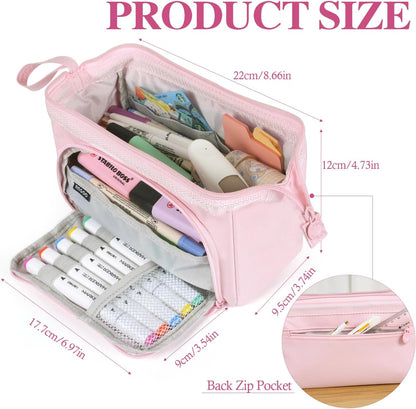 MAMUNU Pencil Case Pouch Large Capacity with Compartments, Pencil Case Pouch Bag with Zipper Handle for Teen Girls Adults Women, Portable Pen Bag Stationery Organizer for Office School Travel, Pink