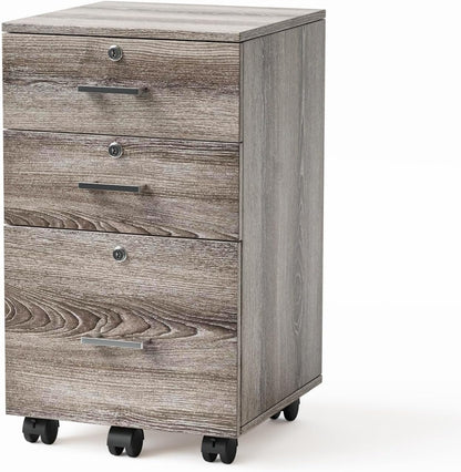 VINGLI 3-Drawer File Cabinet with Lock, Wood Rolling Filing Cabinets for Home Office, Mobile Printer Stand, Under Desk File Organizer for Letter Sized Files, 26" H(Caster Included),Gray Oak