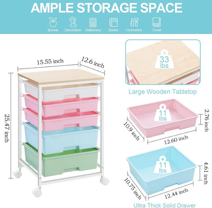 Utility Cart with 5 Drawers,Storage Drawer Cart with Wooden Tabletop and Lockable Wheels,Craft Storage Trolley Cart,5-Tier Rolling Utility Cart on Wheels,Rainbow