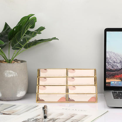 Hipiwe Gold Metal Desk Business Card Holder Glass Name Card Display Organizer 3 Tiers 6 Slot Business Card Stand for Exhibition Office Desktop
