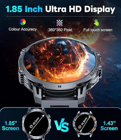 LIGE Smart Watches for Men with 50+Days Standby(1000mAh)/1.85" HD AMOLED Large Screen/Flashlight/50M Waterproof,100+ Sports Fitness Tracker Watch,Pedometer Mens Military Smart Watch for Android iPhone