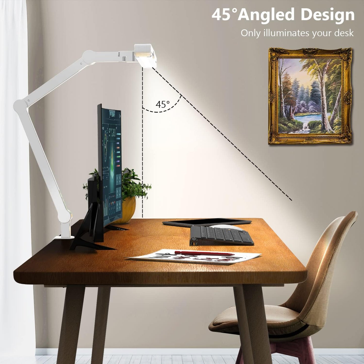 Micomlan Led Desk Lamp for Home Office, White Architect Desk Lamp with Clamp for Crafting, 24W Bright Rotatable Led Table Light Stepless Dimming Tempering Wide Computer Light with Atmosphere Lighting