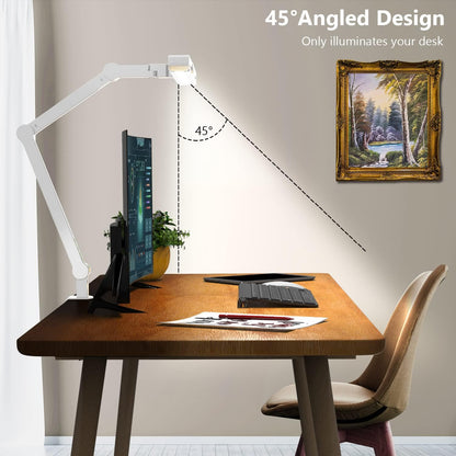 Micomlan Led Desk Lamp for Home Office, White Architect Desk Lamp with Clamp for Crafting, 24W Bright Rotatable Led Table Light Stepless Dimming Tempering Wide Computer Light with Atmosphere Lighting
