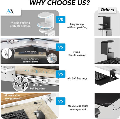 Keyboard Tray Under Desk Pull Out with Extra Sturdy C Clamp Mount System, 27.3 (32.5 inch Including Clamps) x 11 Inch Slide-Out Platform Computer Drawer for Typing Grain AX01WG01