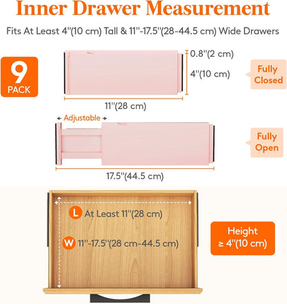 Lifewit 9 Pack Drawer Dividers 4" High, 11-17" Adjustable Drawer Organizers for Clothes, Expandable Dresser Separators in Bedroom/Bathroom/Kitchen/Fridge/Office Organization and Storage, Pink