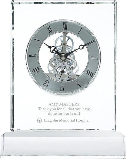 Baudville Engraved Clock Trophy - Executive Crystal - Rectangular Shaped on a Rectangular Base - Silver Inset Time Piece (Rectangle Silver Custom Logo)