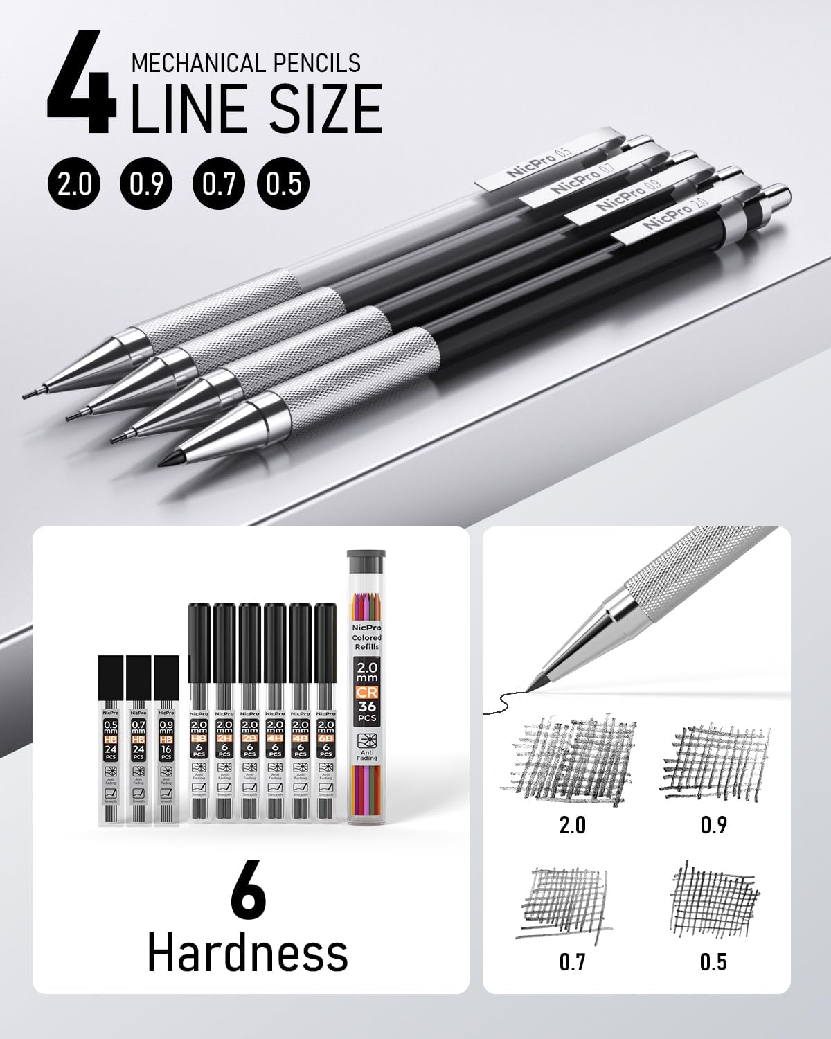 Nicpro 38PCS Art Mechanical Pencils Set in Leather Case, 3 PCS Metal Drafting Pencil 0.5, 0.7, 0.9 mm & 5 PCS 2mm Lead Holder (6B 4B 2B HB 2H 4H Colors) For Sketching Drawing With 20 Tube Lead Refills