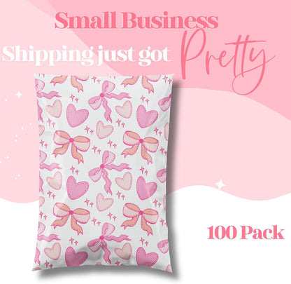 10x13 Designer Poly Mailer 100 Pack Heavy Duty Waterproof Self Seal Shipping Bags for Small Business Large Mailing Envelopes Bulk Tear Resistant Packaging Coquette Bows Hearts