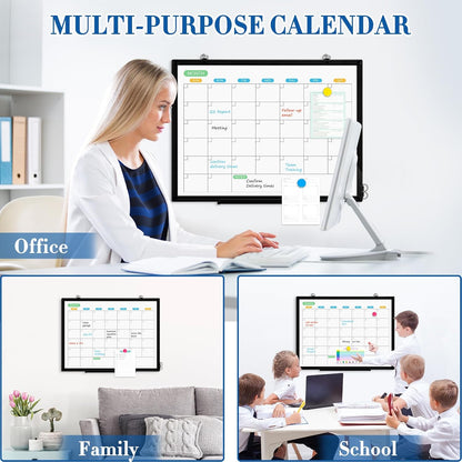 WALGLASS Dry Erase Calendar Whiteboard for Wall, 24" x 18" Double-Sided Monthly Calendar White Board with Black Aluminum Frame, Hanging or Wall Mount Dry Erase Whiteboard for Home, Office, School