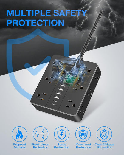 Flat Plug Power Strip Surge Protector, HUNIAN 5 Ft Extension Cord with 12 Widely Spaced Multiple Outlets 6 USB Charger (2 USB C Ports), Desk Charging Station for Home Office Supplies, Black