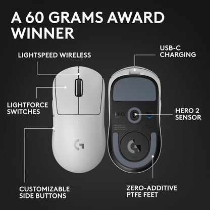 Logitech G PRO X SUPERLIGHT 2 Wireless Gaming Mouse, 60g Pro-Grade with 5 Programmable Buttons, 44k DPI Sensor, 8kHz Report Rate, USB-C Charging for PC/Mac - White
