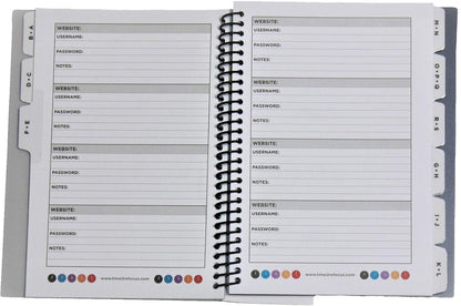 RE-FOCUS THE CREATIVE OFFICE, Password Book Keeper, Black, Small, Mini, Alphabetical Tabs, Spiral Bound, Removable Sheets, Journal Organizer, Includes, Website, Address, Username, Password