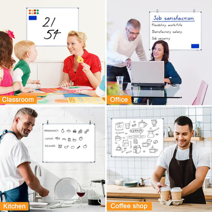 H-Qprobd White Board Dry Erase Whiteboard for Wall 24x18 (2pcs) Magnetic Boards for Office Classroom & Home, Small Wall Whiteboard Including 6 Markers, 10 Magnets, 2 Erasers & 10 Adhesive Hooks