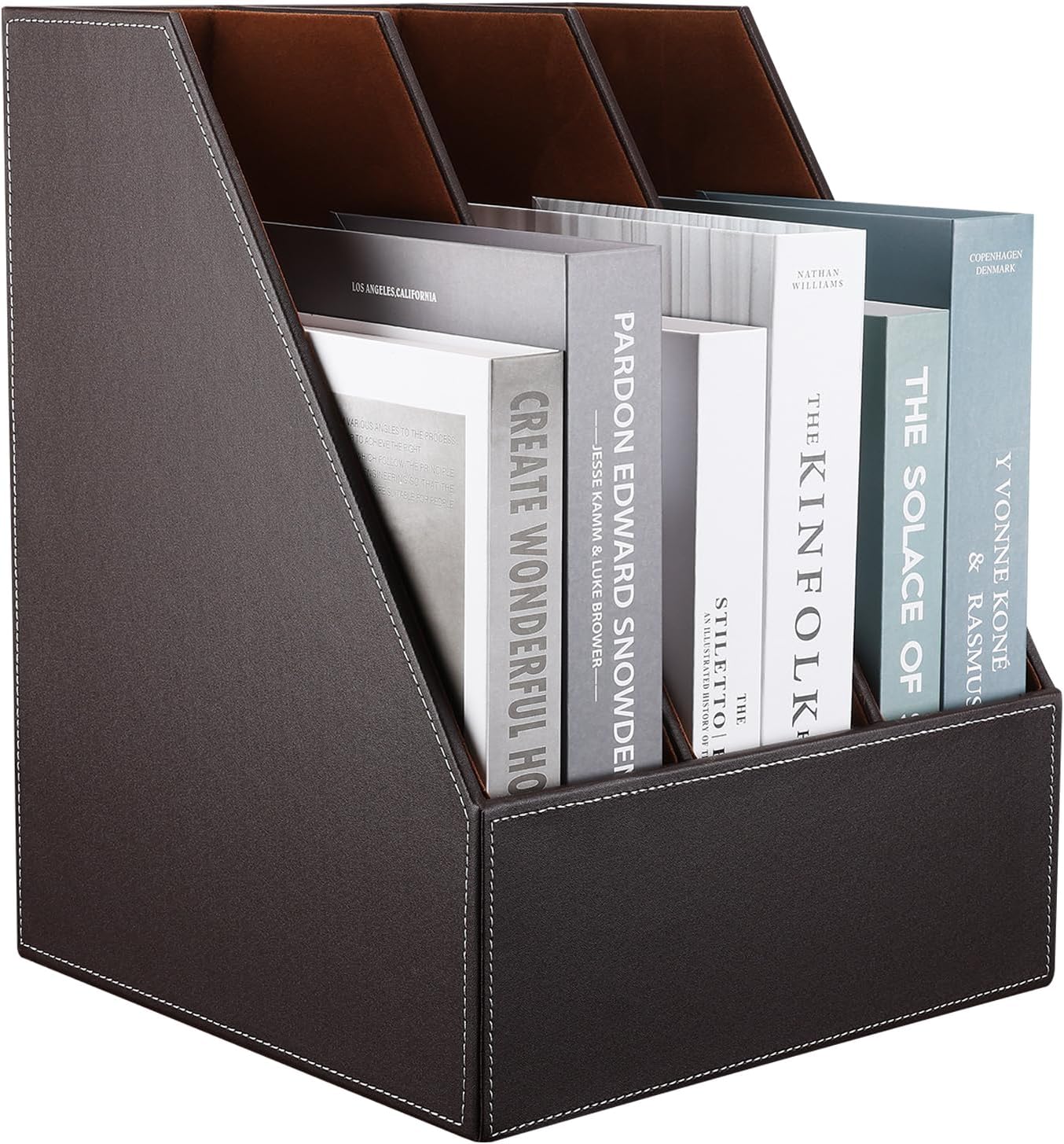 KINGFOM Desktop Wooden Leatherette Magazine File Holder-Organizer-3 Compartment Stand Rack-Papers Storage Box (brown)