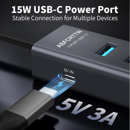 6Ft 7-Port USB 3.0 Hub for Desktop, Aluminium USB Extender Hub 5Gbps, Multiport Adapter, Long Cable for Desktop, PC, Flash Drive, Mobile HDD, Windows/XPS, 1.8m