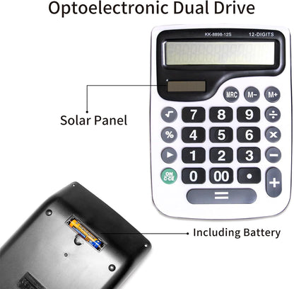 12 Digit Desktop Calculator with Large LCD Display and Sensitive Button, Dual Solar Power and Battery, Standard Function for Office (YE8898)