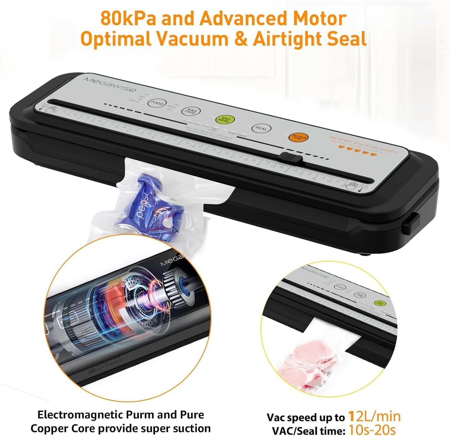 2023 Updated Vacuum Sealer Machine, MEGAWISE Food Sealer w/Starter Kit, Dry & Moist Food Modes, Compact Design with 10 Vacuum Bags & Bulit-in Cutter(Grey) & Vacuum Sealer Bags (8''x 21.6')