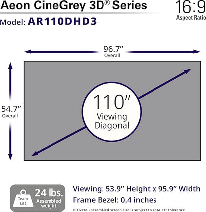 Elite Screens 110 inch CLR/ALR Projector Screen 16:9 4K, Standard Throw Projection, Edge Free Ambient Light Rejecting Fixed Frame Grey for Indoor Movie Screen Home Theater - Aeon CineGrey 3D AR110DHD3