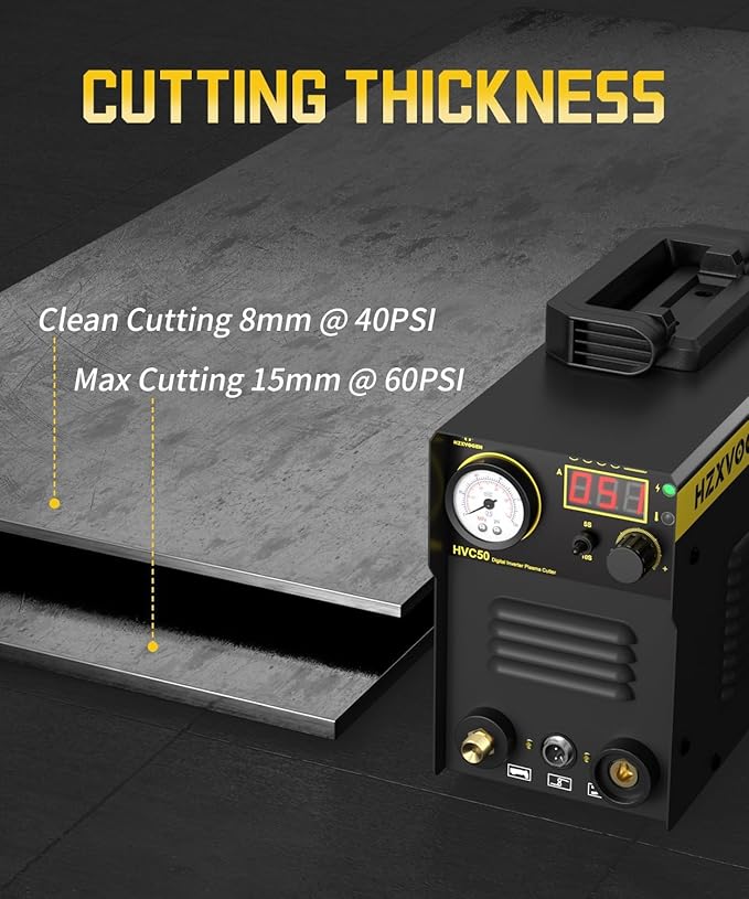 H HZXVOGEN Plasma Cutter, 50A Portable Plasma Cutter with Post Flow, 110/220V Dual Voltage Digital Display DC IGBT Inverter HF Air Plasma Cutting Machine, 1/3 inch Clean Cut for Beginners DIY(HVC50)