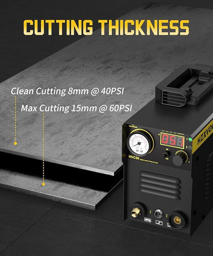 H HZXVOGEN Plasma Cutter, 50A Portable Plasma Cutter with Post Flow, 110/220V Dual Voltage Digital Display DC IGBT Inverter HF Air Plasma Cutting Machine, 1/3 inch Clean Cut for Beginners DIY(HVC50)