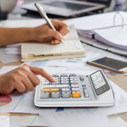 Desktop Calculator with Extra Large 5-Inch LCD Display, 12-Digit Two Way Power Solar & Battery Office Calculator with Big Buttons for Business, Accounting & Home Use(Grey)