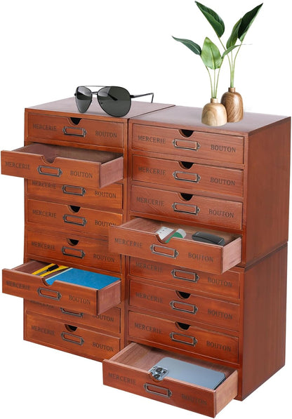 Vintage Drawer Wooden Drawers Organizer, 16-Drawer Desktop Organizer With Drawers, Iron Label Holders, Brown, For Store Cosmetics, Files, Books, Letters, Papers, Magazines