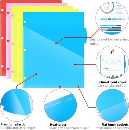 5 Tabs Plastic Dividers with 2 Clear Pockets - 3 Sets, Pocket Dividers for 3-Ring Binders, Multi-Color Binder Dividers, Total 15 Tabs