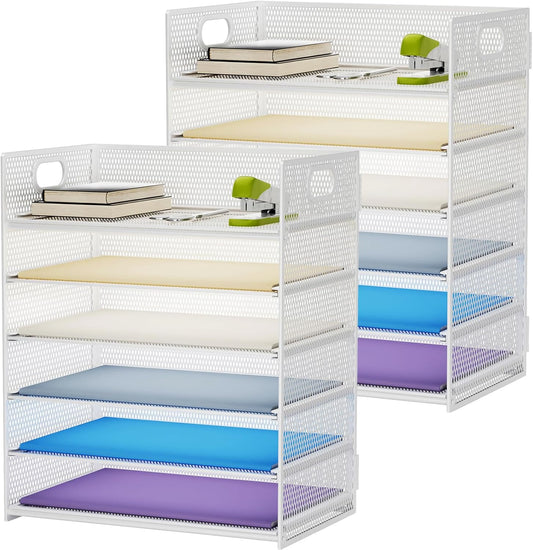 Marbrasse 2 Pack Desk Organizer with Handle, 6 Tier Paper Letter Tray, Mesh Desk File Organizer for Office, School and Home - Whtie