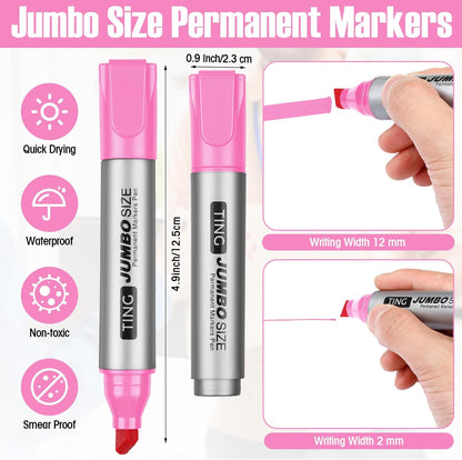 Fuutreo 10 Pack Jumbo Permanent Markers Bulk Large Chisel Tip Permanent Markers Quick Drying Waterproof Big Huge Poster Pens for Office, Logistics Company and More(Pink)