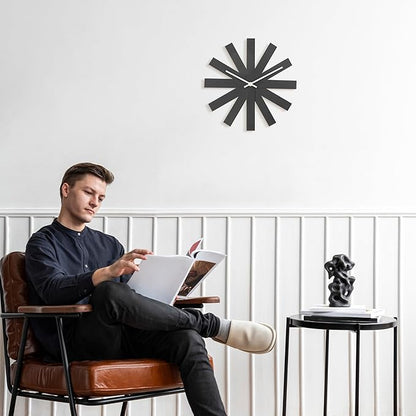 BEW Wall Clock, 14 in Mid Century Modern Wall Clocks Battery Operated, Unique 3D Frameless Black Metal Wall Clock Silent Non Ticking for Kitchen, Bedroom, Office, Outdoor, Living Room Decor