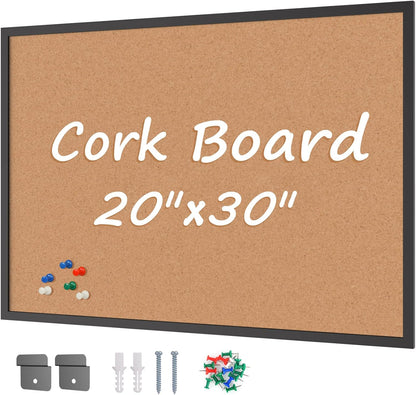 Board2by Cork Board Bulletin Board 20“ x 30”, Black Wood Framed Corkboard, Office Board for Wall Cork, Large Wall Mounted Notice Pin Board with 16 Push Pins for School, Home & Office