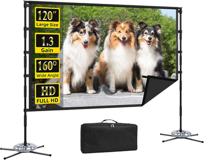 Outdoor Projector Screen and Stand,XINLEMY 120-inch Portable Wrinkle-Free Indoor Projection Screen Foldable Black Backing 16:9 HD Movie Screen Setup Quick for Home Theater Backyard Party Camping