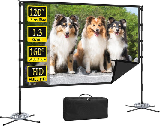 Outdoor Projector Screen and Stand,XINLEMY 120-inch Portable Wrinkle-Free Indoor Projection Screen Foldable Black Backing 16:9 HD Movie Screen Setup Quick for Home Theater Backyard Party Camping