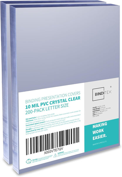 Binditek 200 Pack 10 Mil PVC Binding Report Covers, 8.5 x 11 Inches, Letter Size, Square Corners, Un-Punched, Office Supplies