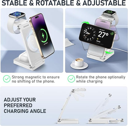 Magnetic Wireless Charger Stand, 3 in 1 Foldable Wireless Charging Station with 20W Adapter, Travel Charger for Multiple Devices for iPhone 17 16 15 14 13 12 Pro/Max/Plus/Mini, iWatch, AirPods