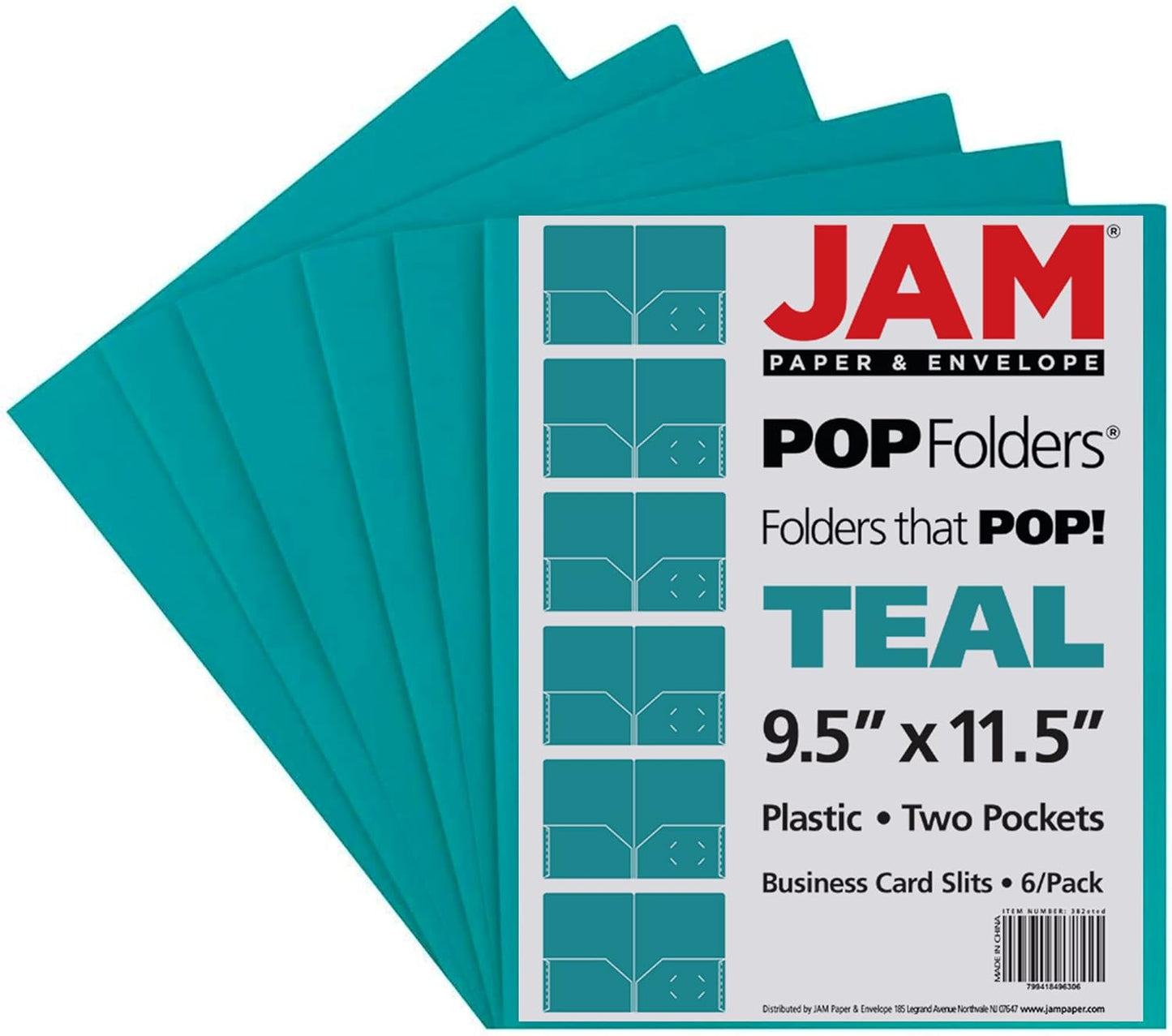 JAM PAPER Plastic 2 Pocket POP Folders - Durable School Folders - Teal Blue - 6/Pack