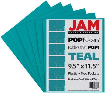 JAM PAPER Plastic 2 Pocket POP Folders - Durable School Folders - Teal Blue - 6/Pack