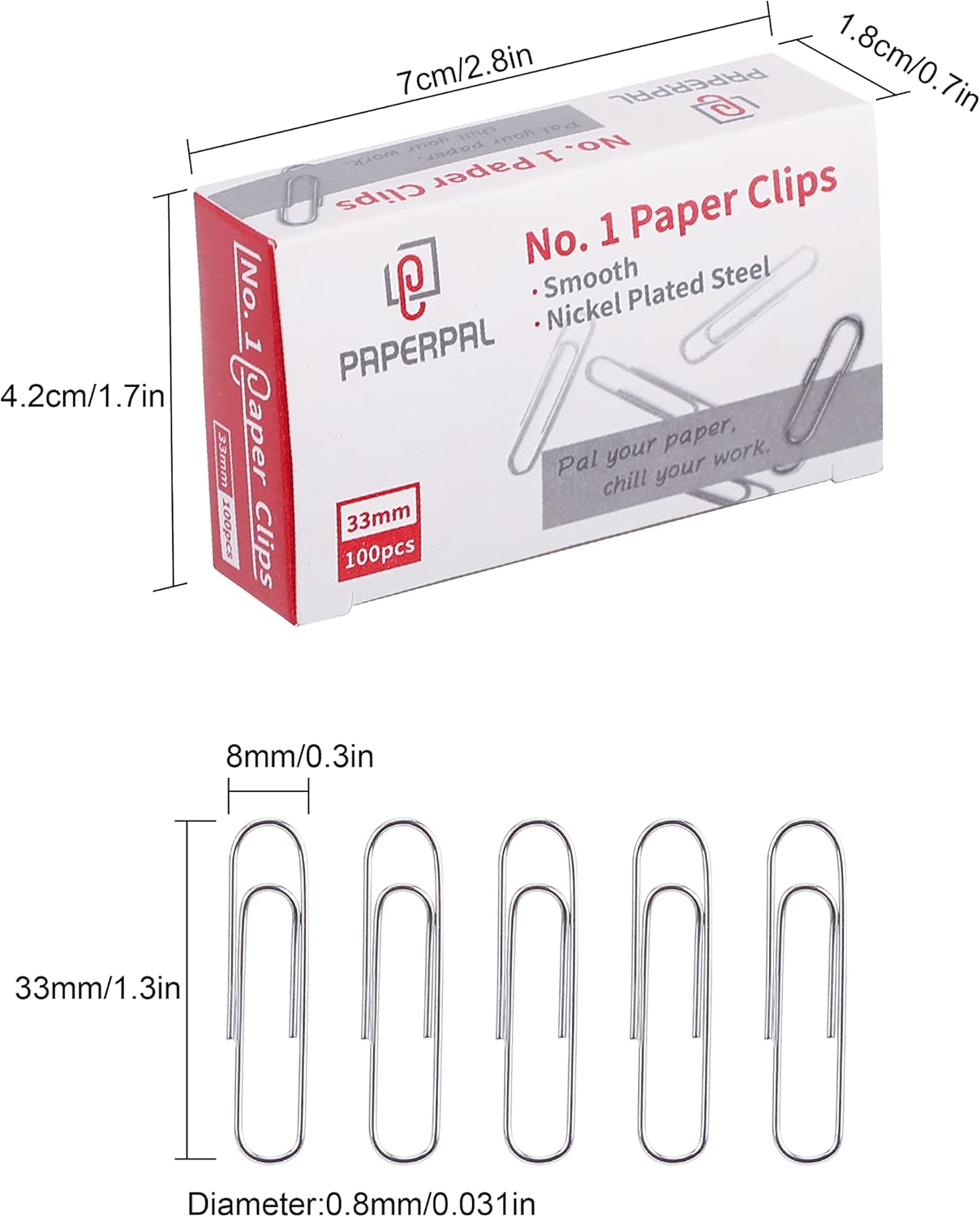 PAPERPAL Paperclips for Office School & Personal Use, #1 Smooth Paper Clip (1-2/7"), 600 Medium Paper Clips (6 Boxes of 100 Each), Silver