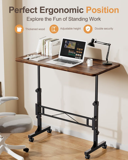 Small Standing Desk Adjustable Height, Mobile Stand Up Desk with Wheels, 32 Inch Portable Rolling Desks for Walking Pad Treadmill Wood Rustic