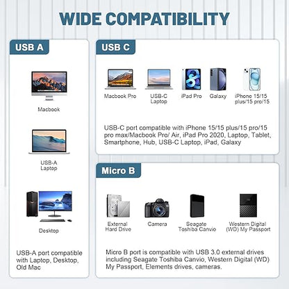 USB A/Type C to USB Micro B Data Transfer Cable Compatible with Nikon D500 D800 D810 D850, Canon EOS 5D Mark IV, 5DS R Camera, Galaxy S5, Note 3, Seagate, WD, Toshiba External Hard Drive, 5ft