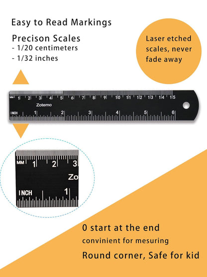 6 Inch Metal Ruler Set - Dual Scale Metric & Imperial,150 mm Straight Edge Rule, Laser Engraved, Edge-to-Edge Measuring for School, Geometry, Crafting & Gifts (2-Pack)