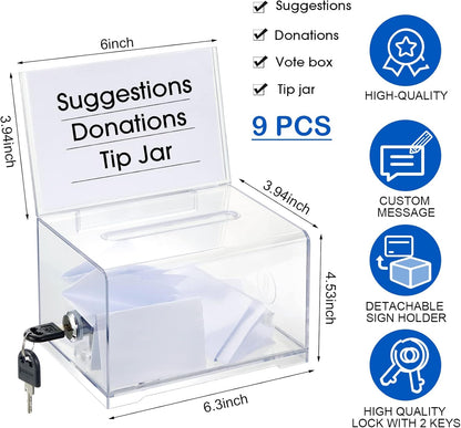 Kigley 9 Pack Acrylic Donation Box with Lock and Sign Clear Ballot Suggestion Donation Box with Slot for Fundraising Raffle Business Card Storage Container Voting Tip Jar