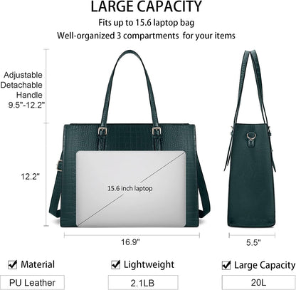 Laptop Bag for Women 15.6 Inch Laptop Tote Bag Leather Classy Computer Briefcase for Work Waterproof Handbag Professional Shoulder Bag Women Business Office Bag Large Capacity Dark Green